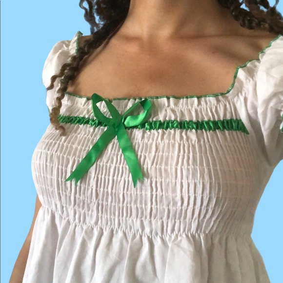 White & Green Midi Peasant Babydoll Cottagecore Dress - Picture 2 of 3